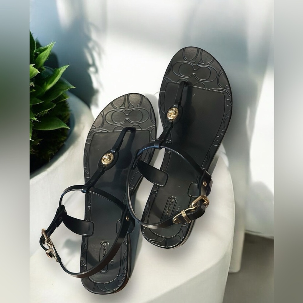 Coach | Black Monogram T Strap Sandals w/ Gold Hardware | Sz: 7 | Designer Shoes